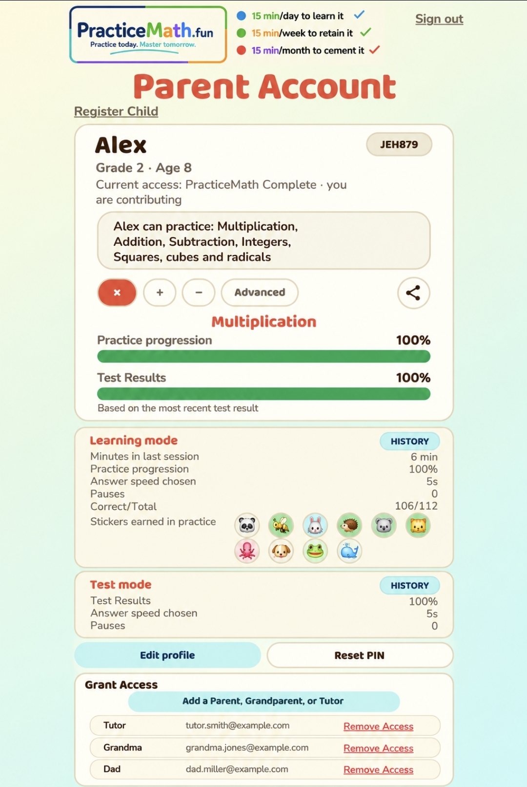 PracticeMath.fun Parent Account dashboard showing child progress, practice stats, test results, and guardian access management.