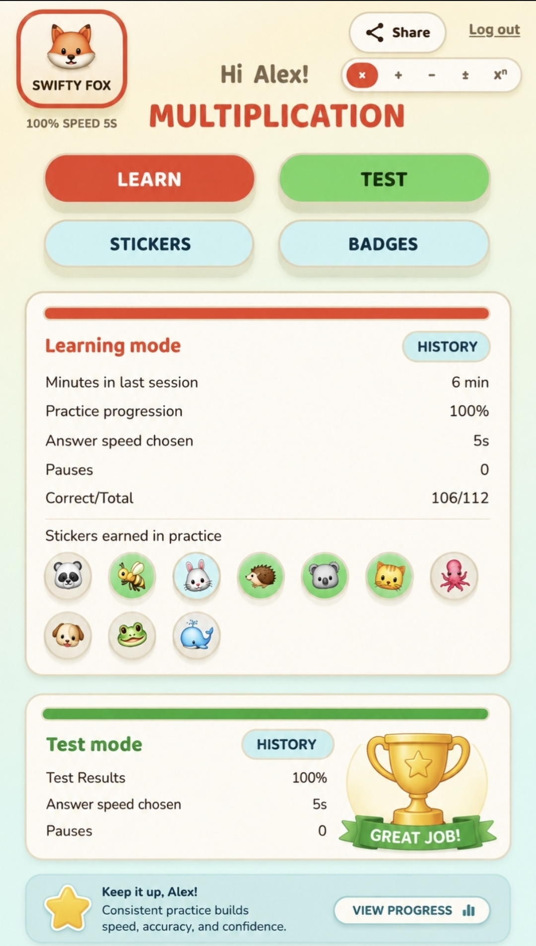 PracticeMath.fun Child Account dashboard showing learning progress, test results, stickers earned, and speed badges.