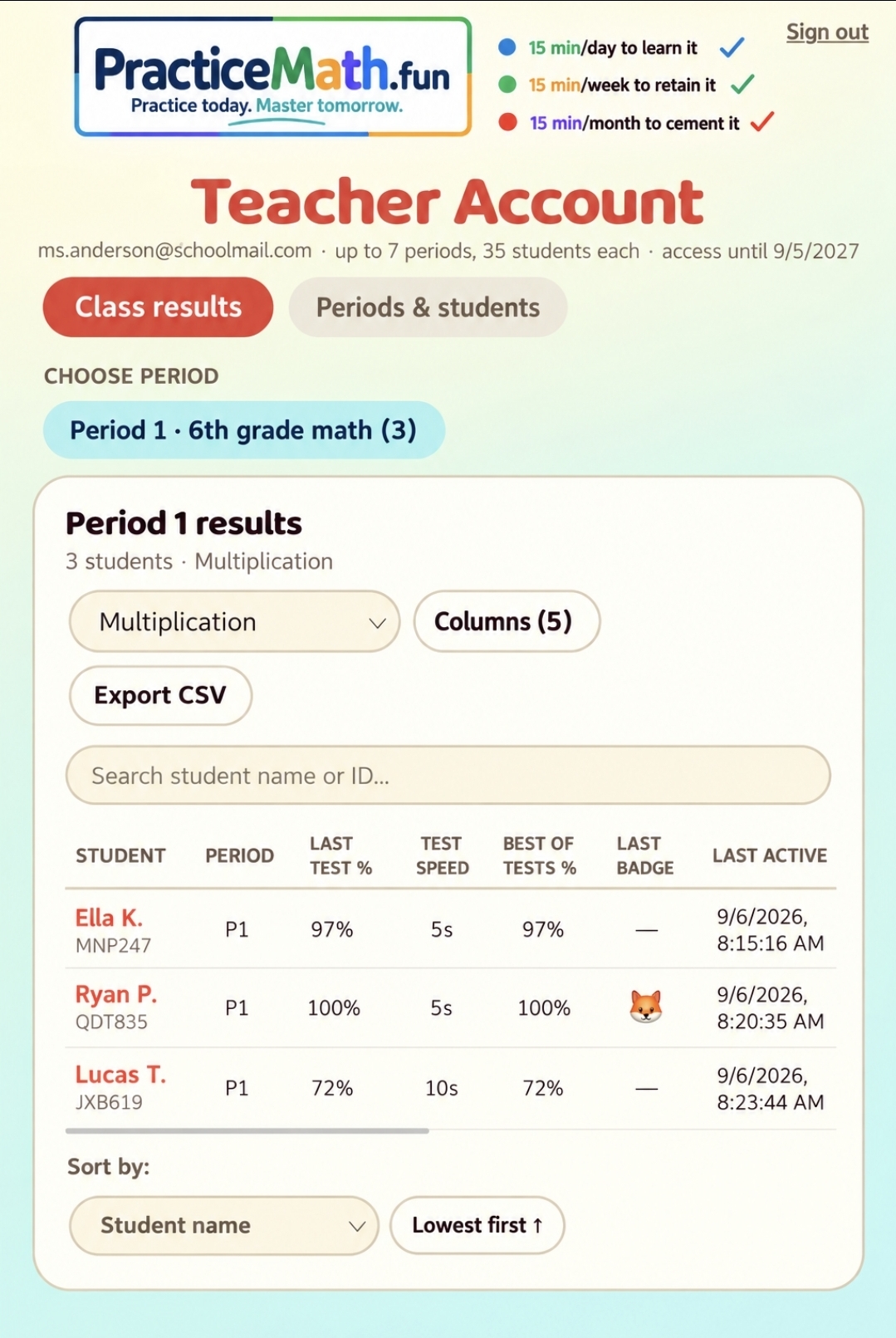 PracticeMath.fun Teacher Account dashboard showing class results, student scores, speed, badges, and recent activity.